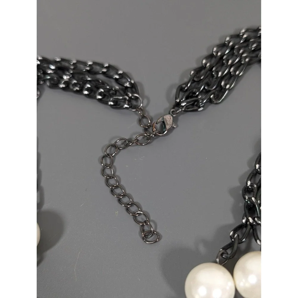 Gunmetal‎ Gray Multi Chain Faux Pearl Station Necklace Layered Long 31in